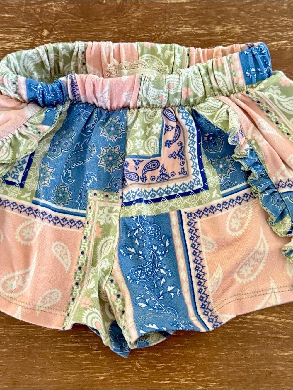 btween Pastel Patchwork Paisley Shorts in Pink Blue Green